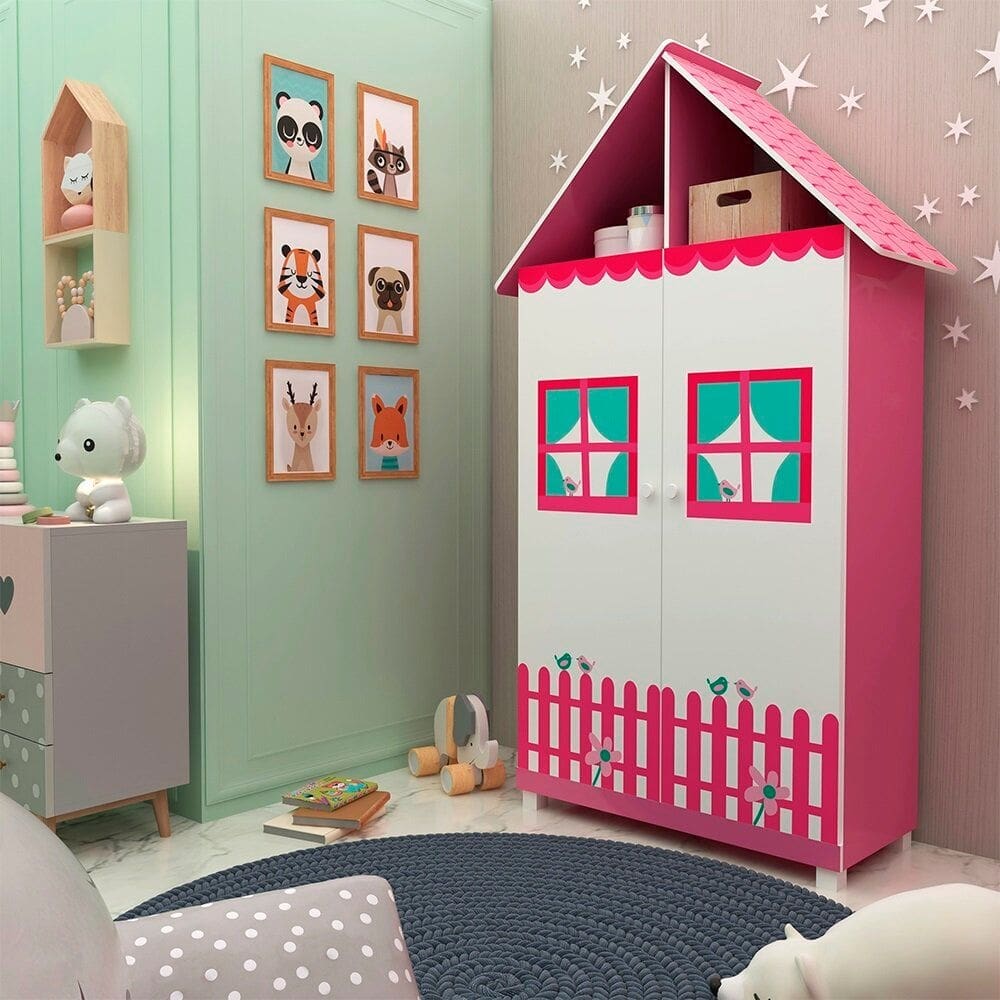Guarda Roupa Infantil 2 Portas Casinha Rosa Pink Ploc - Gelius Móveis