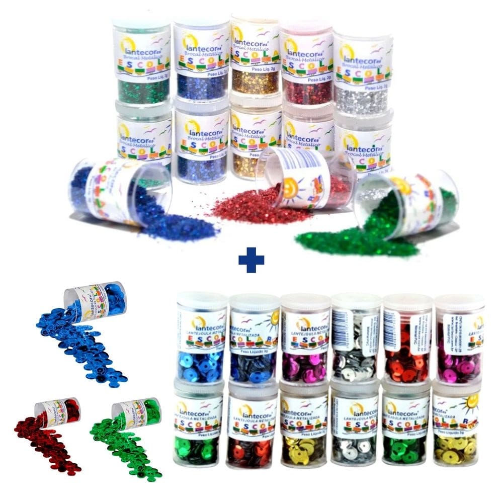 Kit 12 Potes Glitter Escolar PVC Metálico Pote 3g + 12 Potes de Lantejoulas 6mm Metalizadas 3g - Lantecor