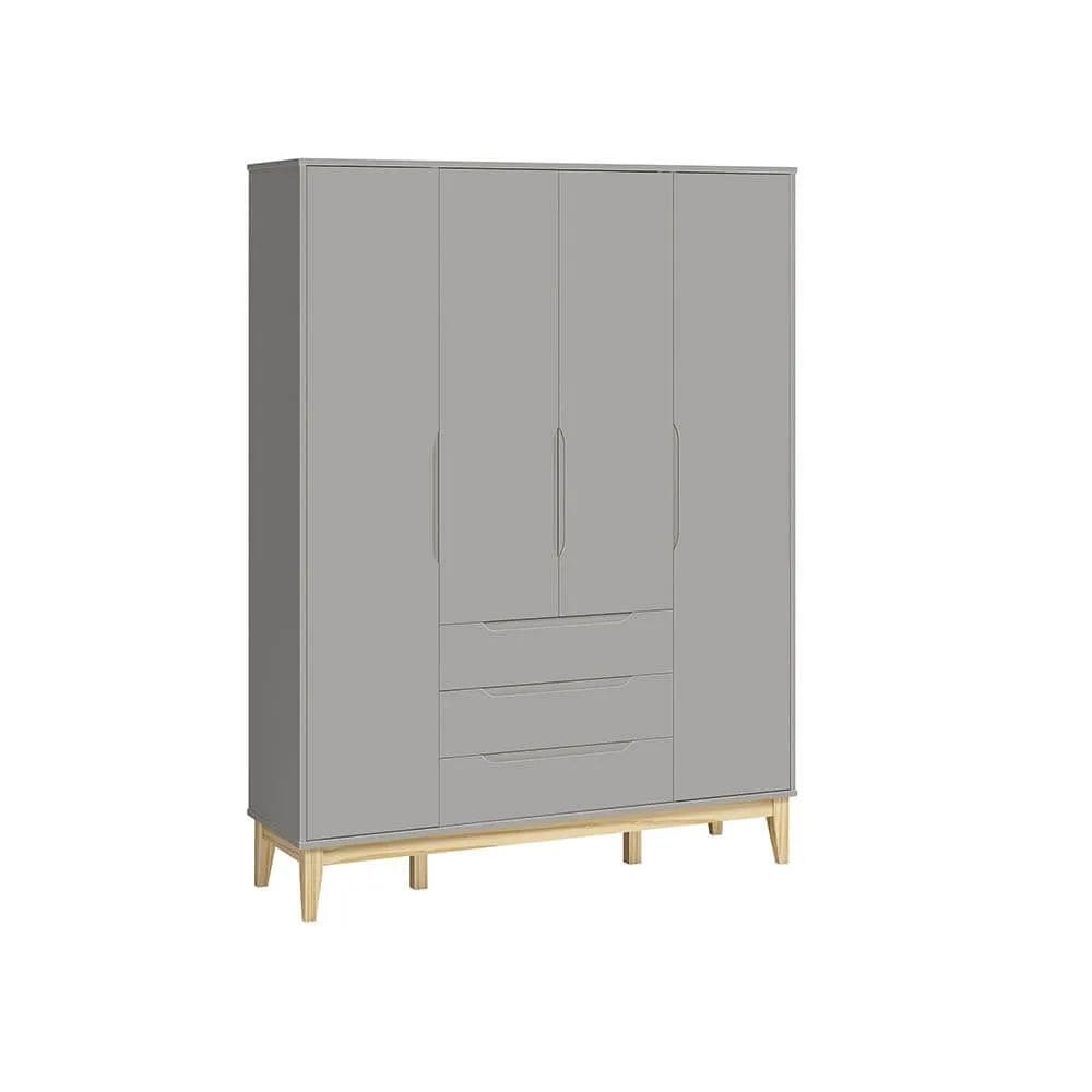 Guarda-Roupa Elfe 4 Portas e 3 Gavetas com Pés Square Madeira Natural – Cinza Fosco