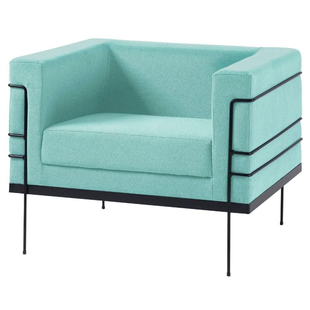 Poltrona Le Corbusier Daf Móveis em Madeira Eucalipto Revestida Espuma D28 Linho Verde Água Base Aço