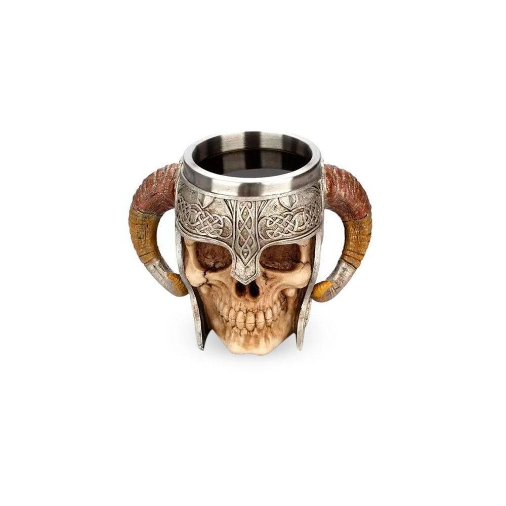 Caneca Caveira Resina 3D Capacete Chifre Nórdico 400Ml Alça