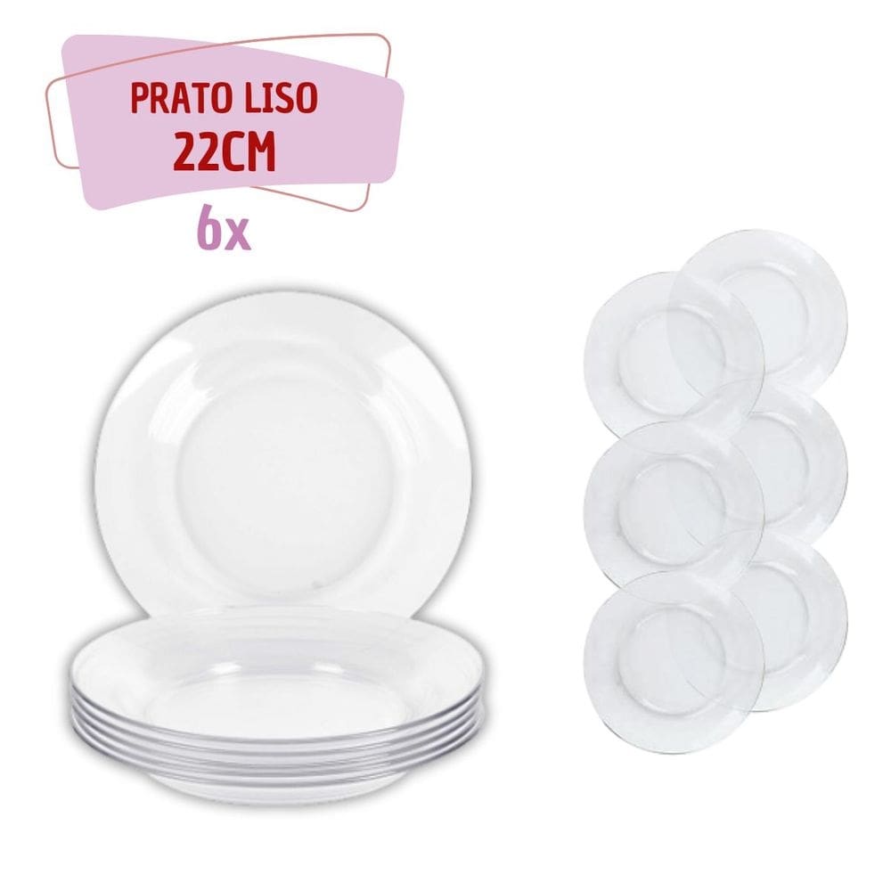 Conj. 6 Pratos Fundos 22cm Astral Vidro Transparente Resistente