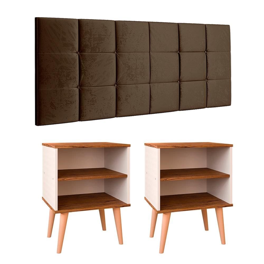Kit 2 Mesinhas Canto Lateral Nicho Decoração Retrô Cabeceira Suspensa Almofadada Painel Cama Box Casal 1,40 Quarto Completo - RPM