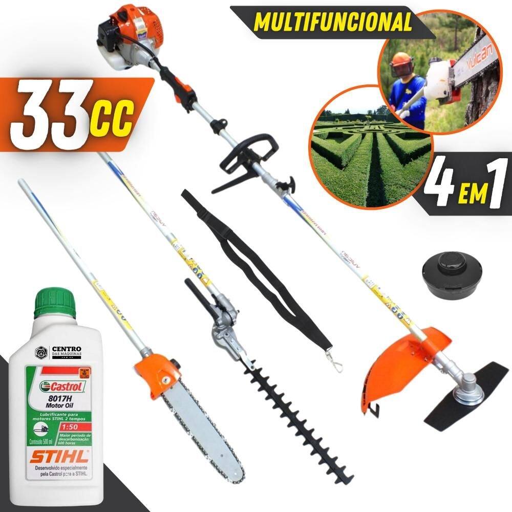 Roçadeira Com ÓLEO STIHL VRM330 Vulcan Multifunções de Corte C/ Faca 2 Pontas e Cabeçote Nylon + Motopodador de Galhos e Podador de Cerca Viva