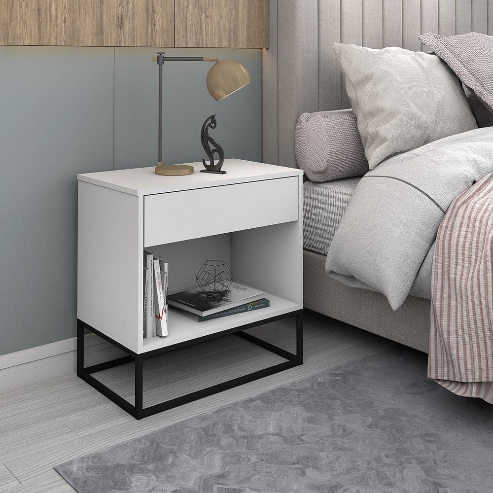 Mesa de Cabeceira Malta Branco com Pés de Ferro Preto
