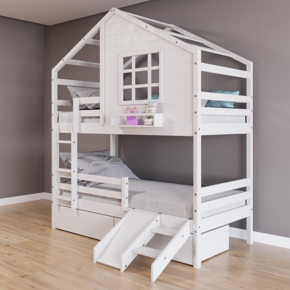Beliche Casinha com Janela com 02 Gavetas Kit Escada/Escorregador e Grade de Proteção Madeira Maciça Branco Housin