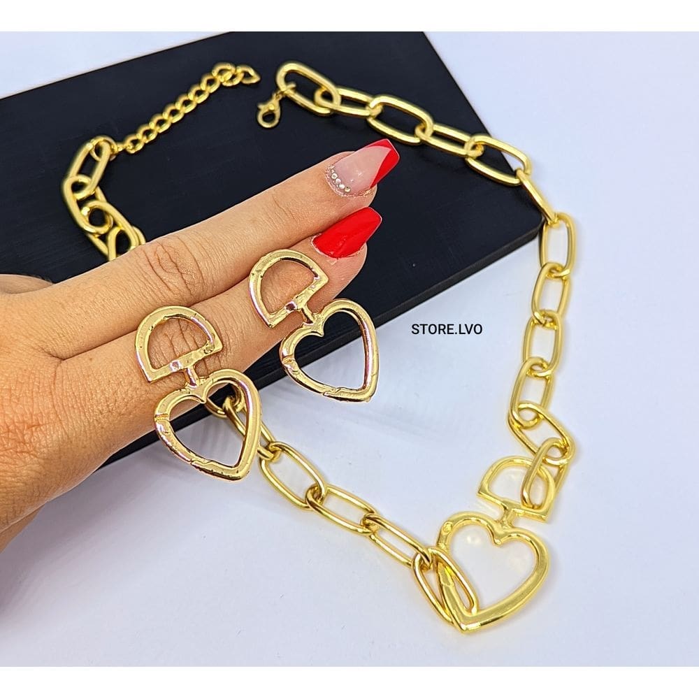Kit Conjunto Colar e Brincos Corrente Elo Grosso Coração Mosquetão Folheado Ouro Dourado Prata Tendência Moda Blogueira