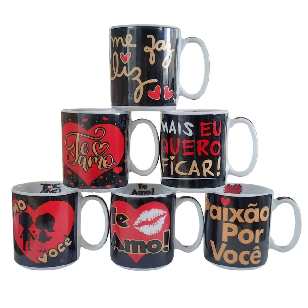 Kit Jogo 6 canecas 300ml Frases Namorados - Porcelana