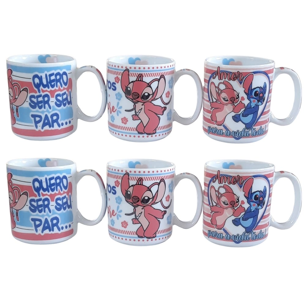 Kit Jogo 6 canecas Stitch 300ml Frases Namorados - Porcelana