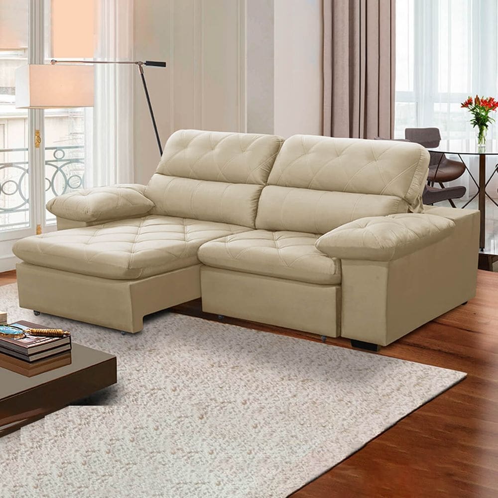 Sofa Retratil Reclinavel 2 Lugares 1,80m Crystal Veludo Bege LansofBR