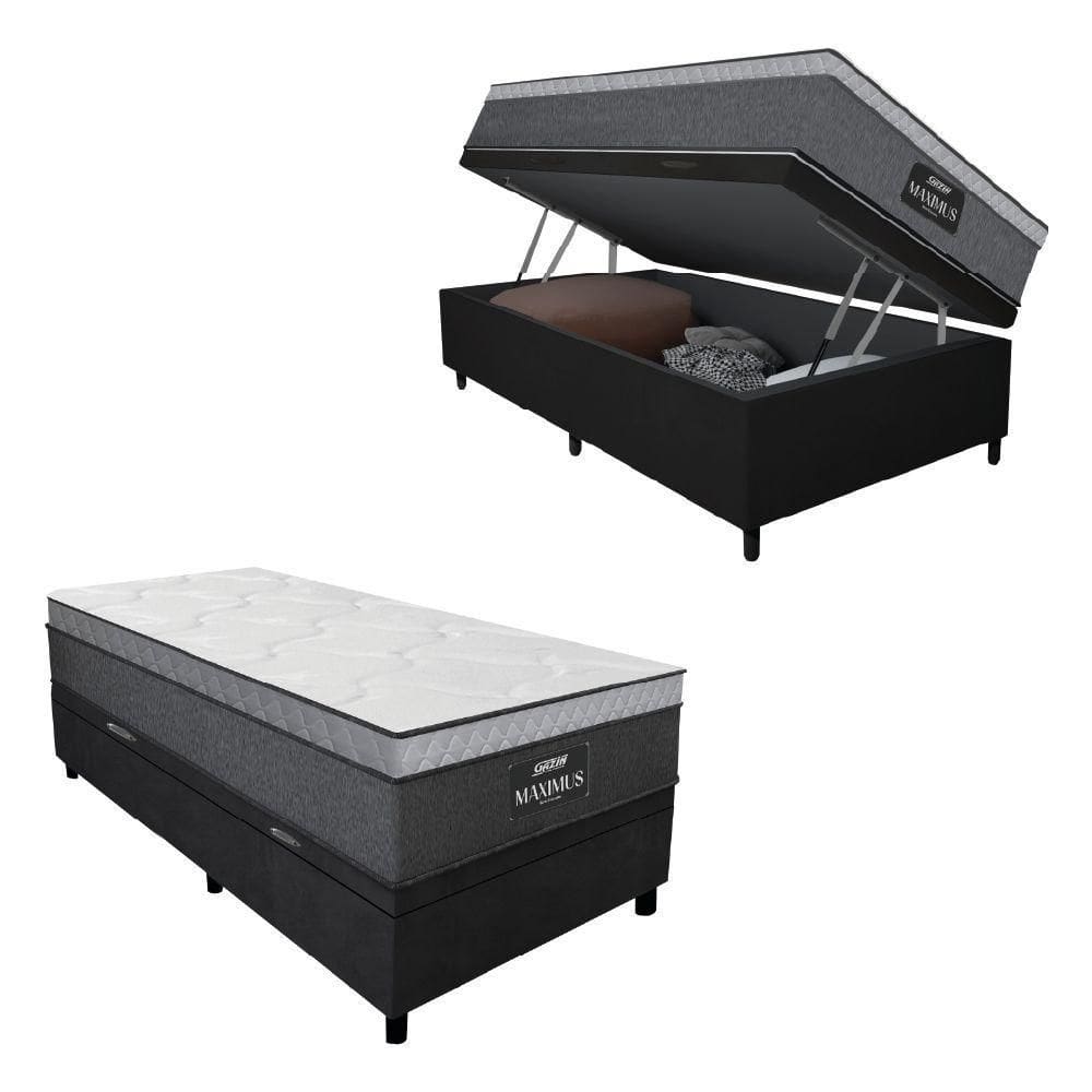 Cama Box Baú Solteiro Colchão Gazin Maximus Molas Ensacadas 88x188x65cm Cinza-Preto Suporta até 120kg por Pessoa
