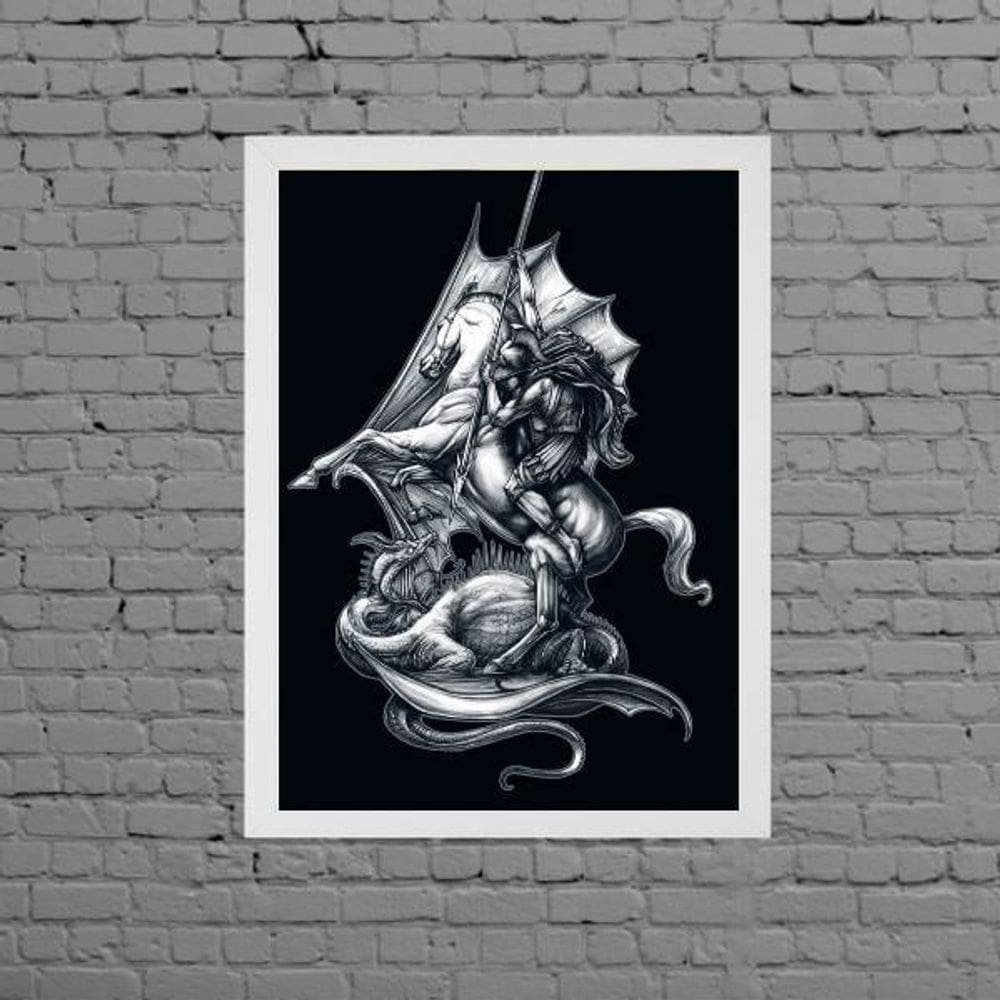 Quadro Desenho São Jorge Preto E Branco 45X34 Vidro Branca