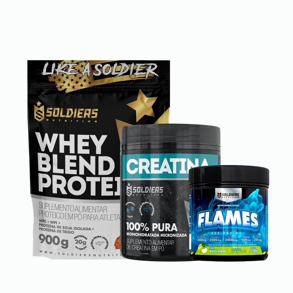Kit: Whey Blend Protein Concentrado e Isolado 900g +Creatina Monohidratada Pote 300g 100% Pura+Pré-Treino Flames 200g