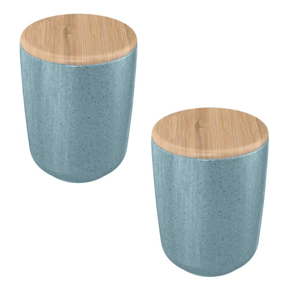 2x Porta Algodão Cotonete OU Ceramica Azul c/ Tampa Bambu