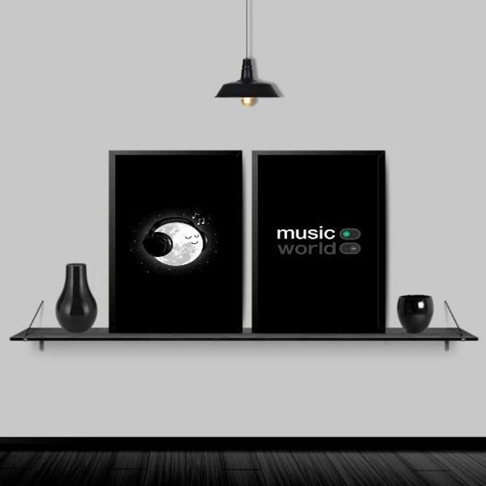 Kit 2 Quadros Music On World Off 45X34Cm Moldura Preta