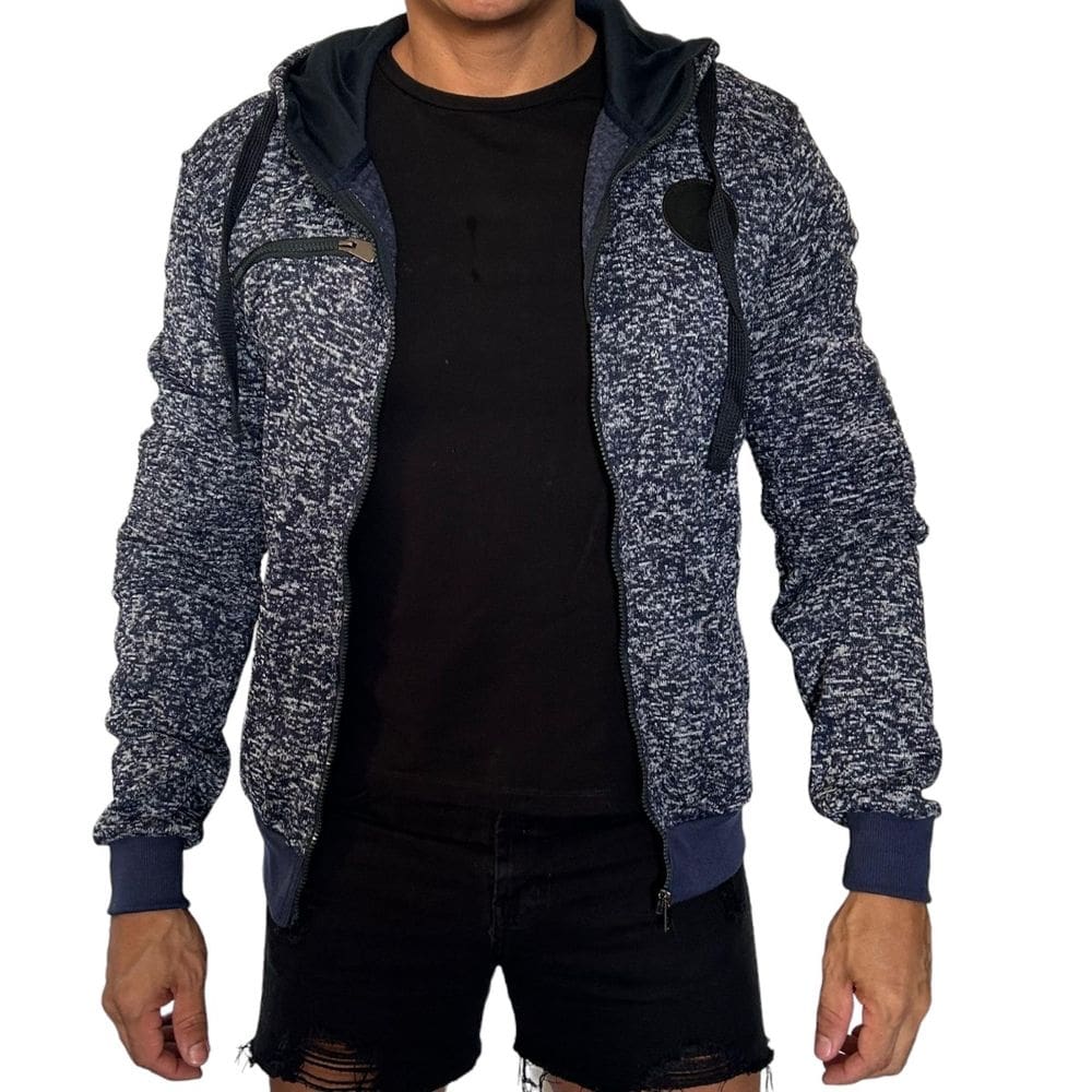 Jaqueta de Moletom Flanelado Com Capuz e Zíper Azul Marinho Zune