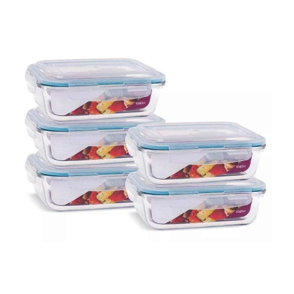 Conjunto 5 potes vidro hermético marmita mantimentos 1040ml
