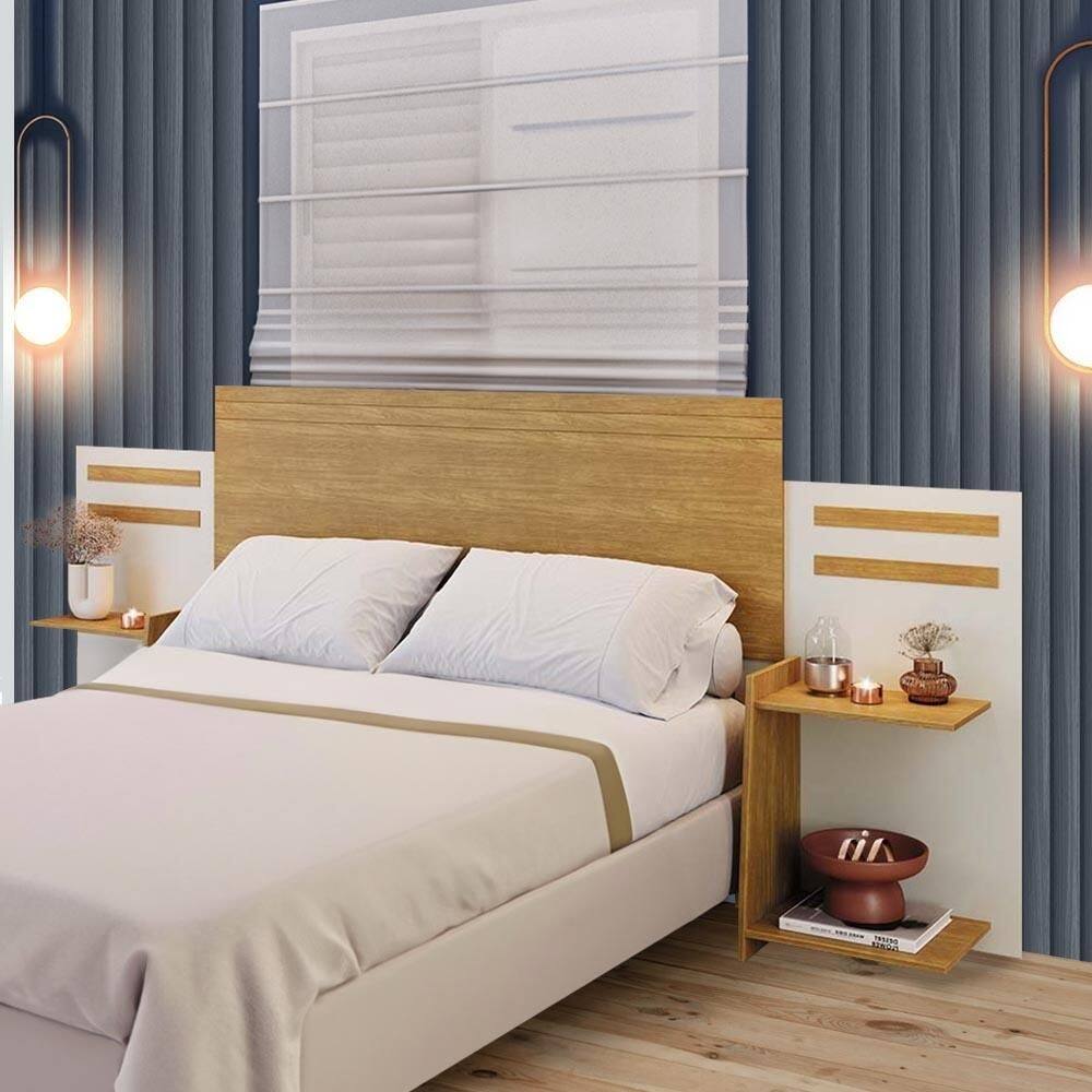 Cabeceira Extensível Casal Queen Solteiro 100% MDF Com Nichos Laterais Nature Off White Grince Shop JM