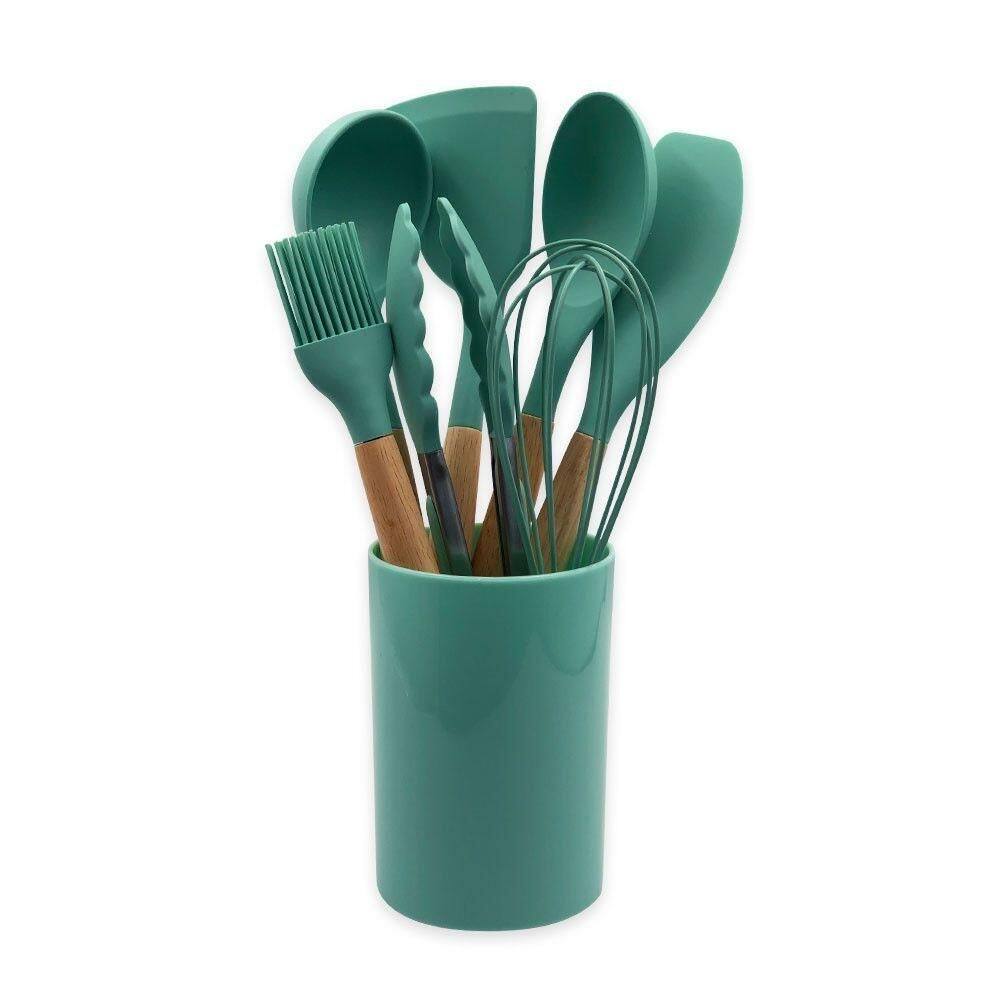 Conjunto De Utensílios Silicone 8 Peças Praticidade E Beleza Cor:verde Escuro