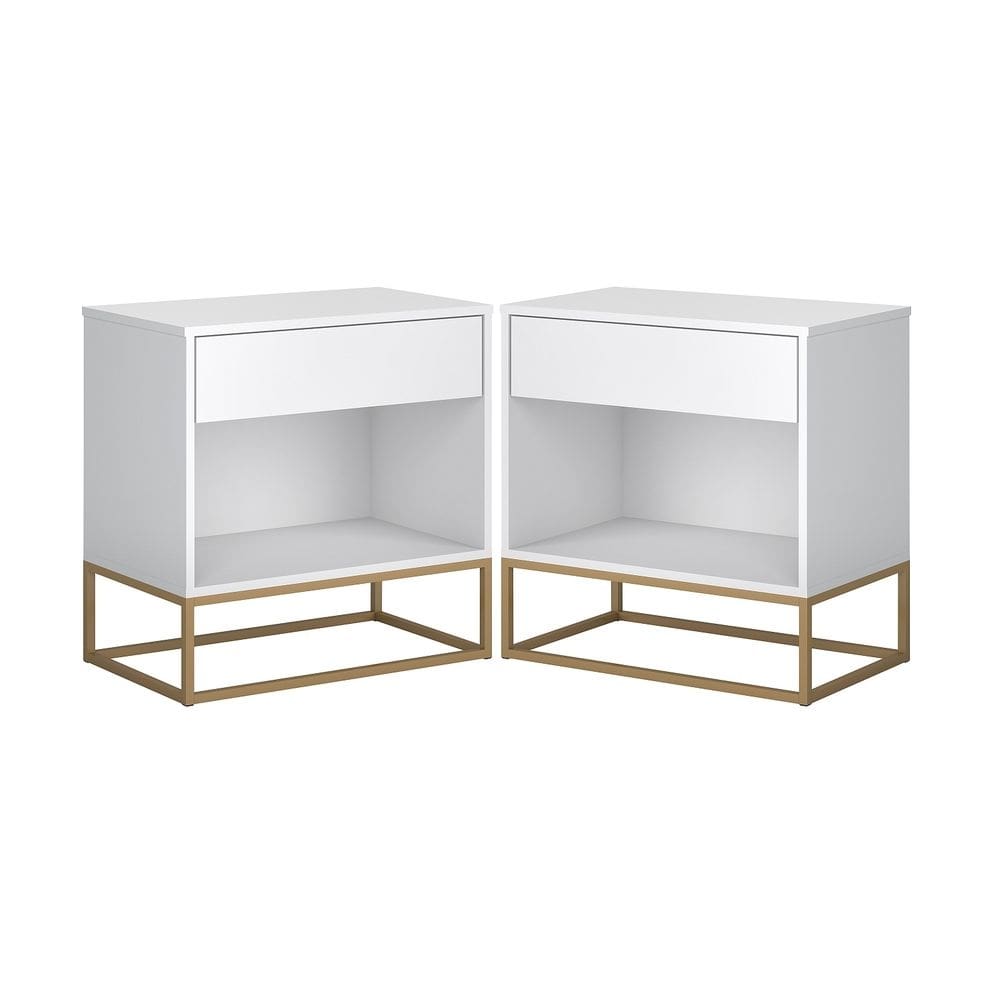 Kit 2 Mesinha Malta Branco Com Base De Ferro Dourado