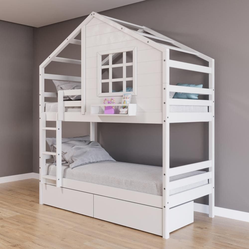Beliche Casinha com Janela com 02 Gavetas Madeira Maciça Branco Housin