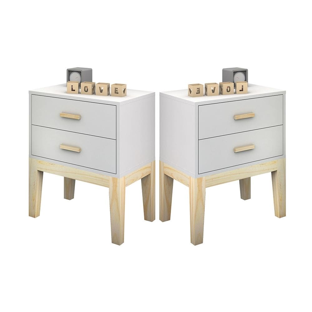 kit 2 mesa de cabeceira infantil branca com gavetas pes e puxador de madeira estilo retro unissex