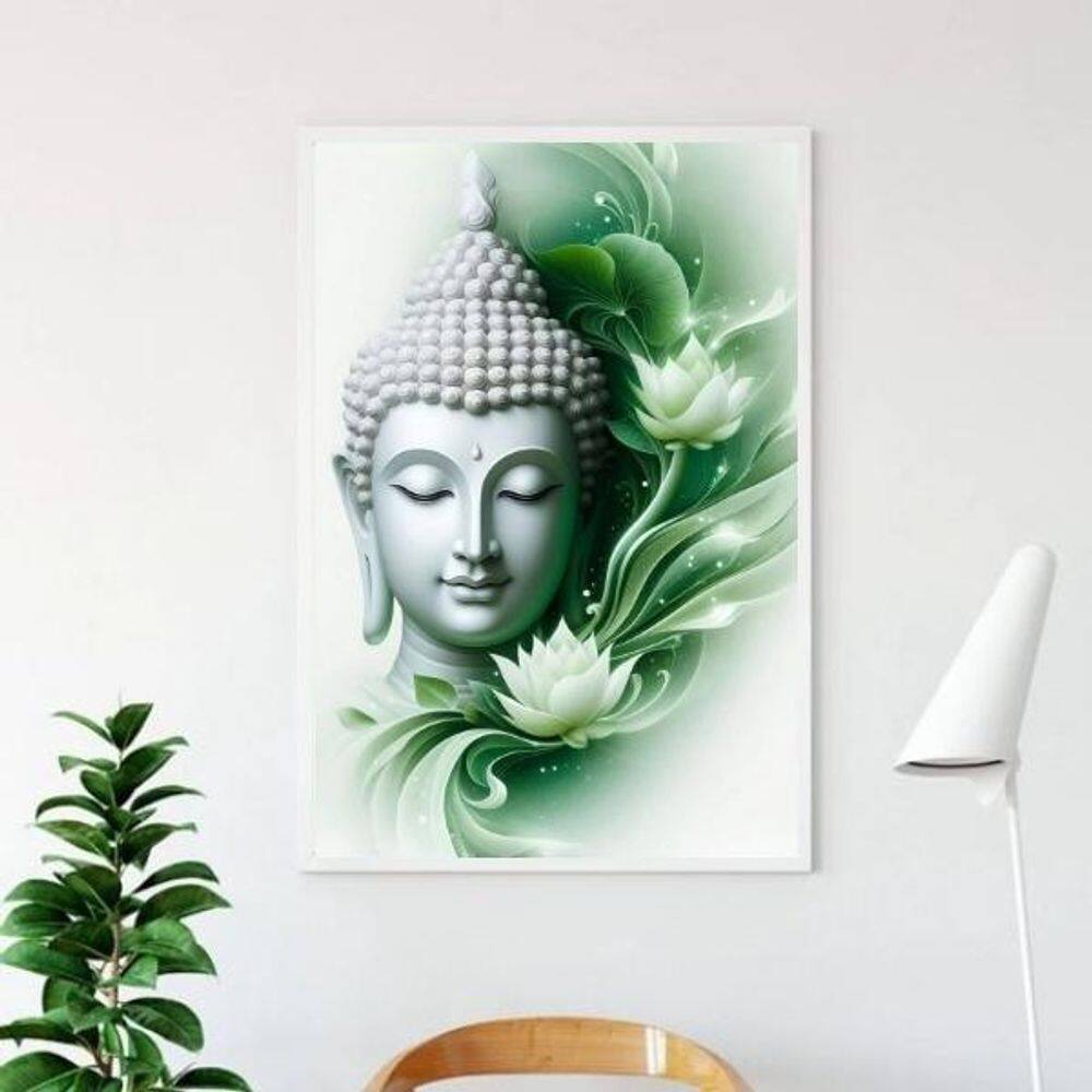 Quadro Buda Com Flor De Lotus - Verde 45X34Cm