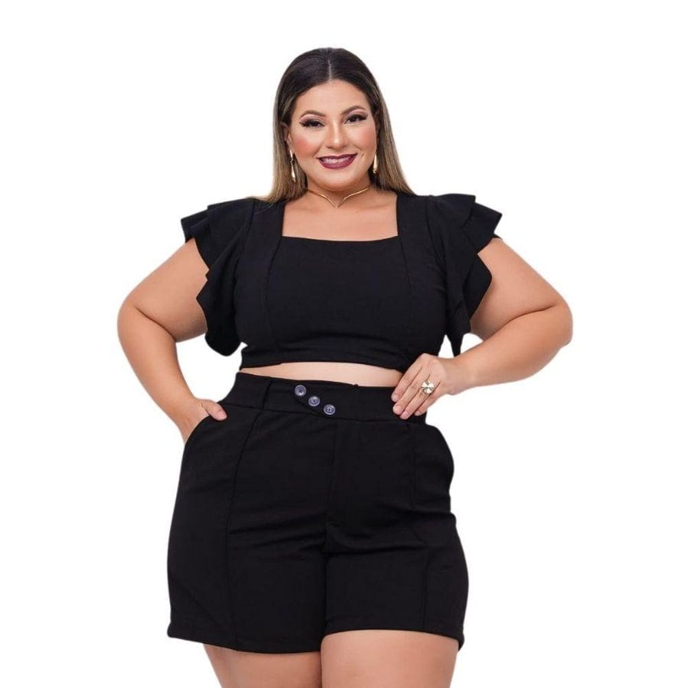 Conjunto Plus Size Cropped Manga Babado + Short Botão 0497