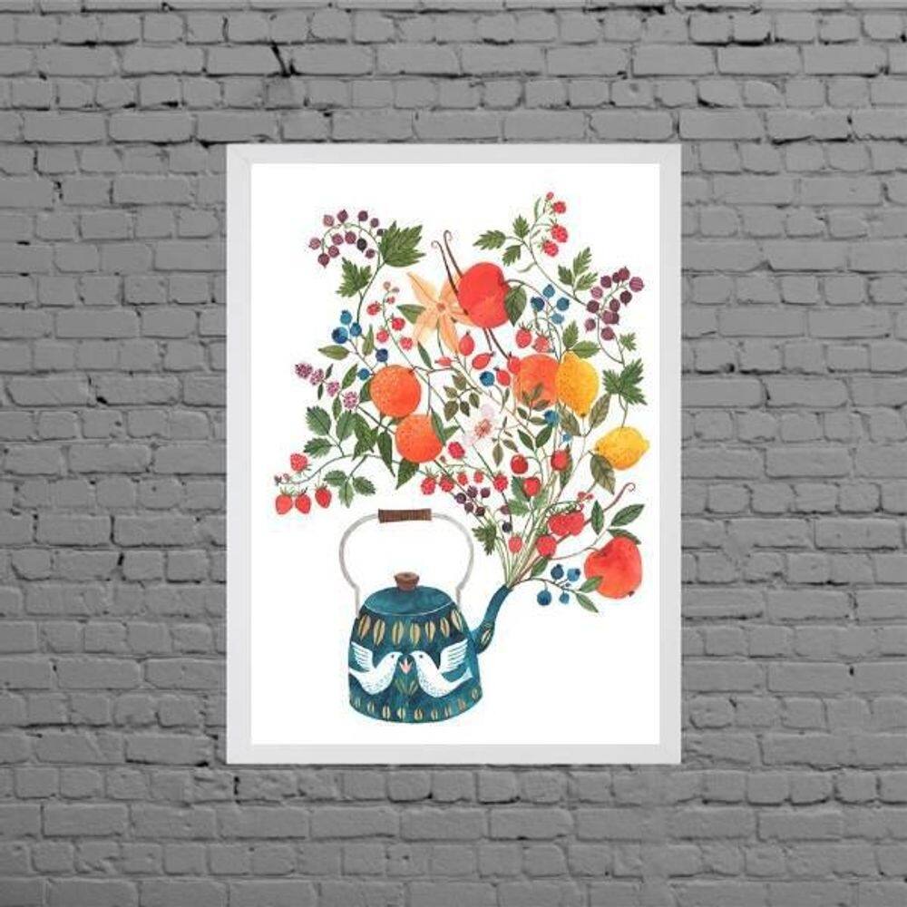 Quadro Decorativo Bule Com Flores 45X34Cm Moldura Branca