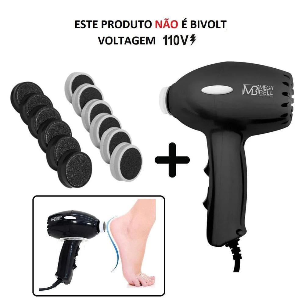 Pedicuro lixa elétrica esfoliador + 12 lixas - preto 110v