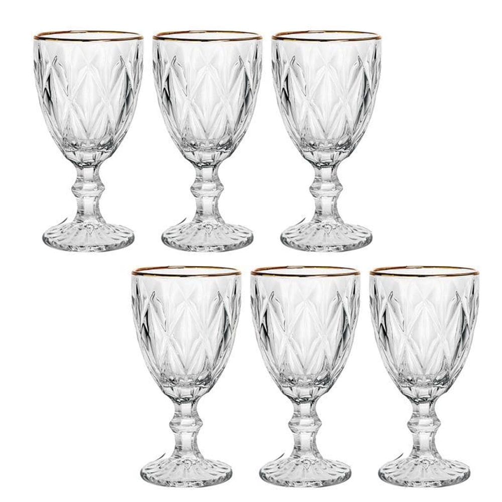 Conjunto de taças diamante clear com borda dourada 6pçs 300ml