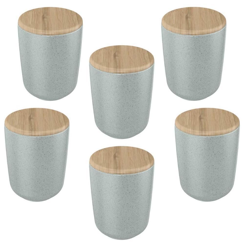 6X Porta Algodão Cotonete Ou Ceramica Cinza Com Tampa Bambu