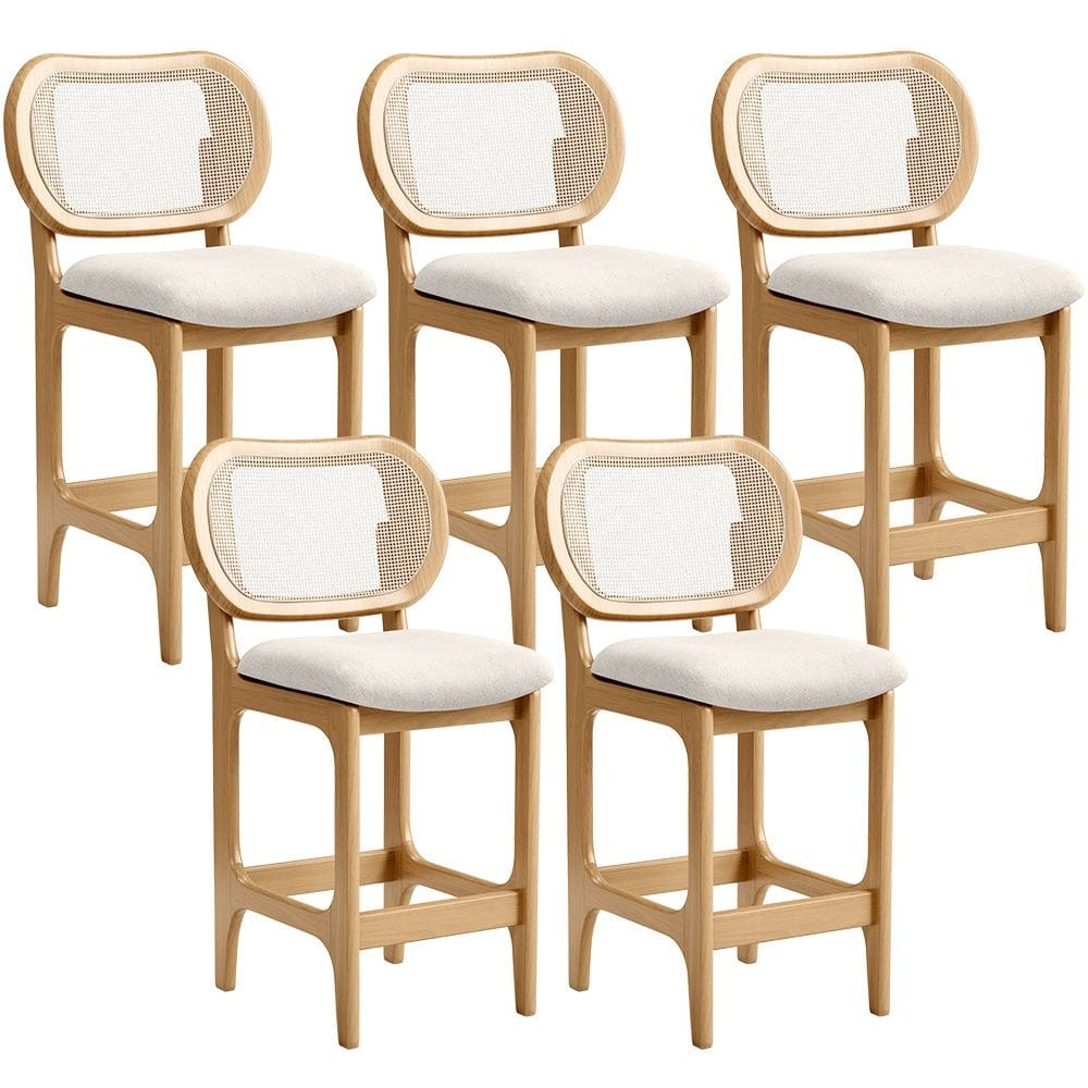 Kit 5 Banquetas Baixa Bar Cozinha Sala De Jantar Betta L02  Tela Linho Cru - Lyam Decor