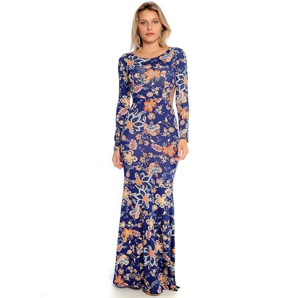 Vestido Longo Viscolycra Estampado Sereia Vermont Azul [F081]