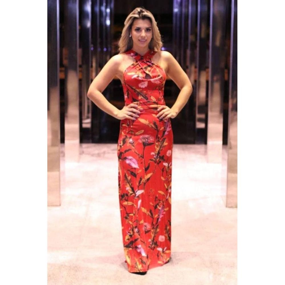 Vestido Longo Viscolycra Estampado Multi Uso Cor:vermelho;tamanho:u [F081]