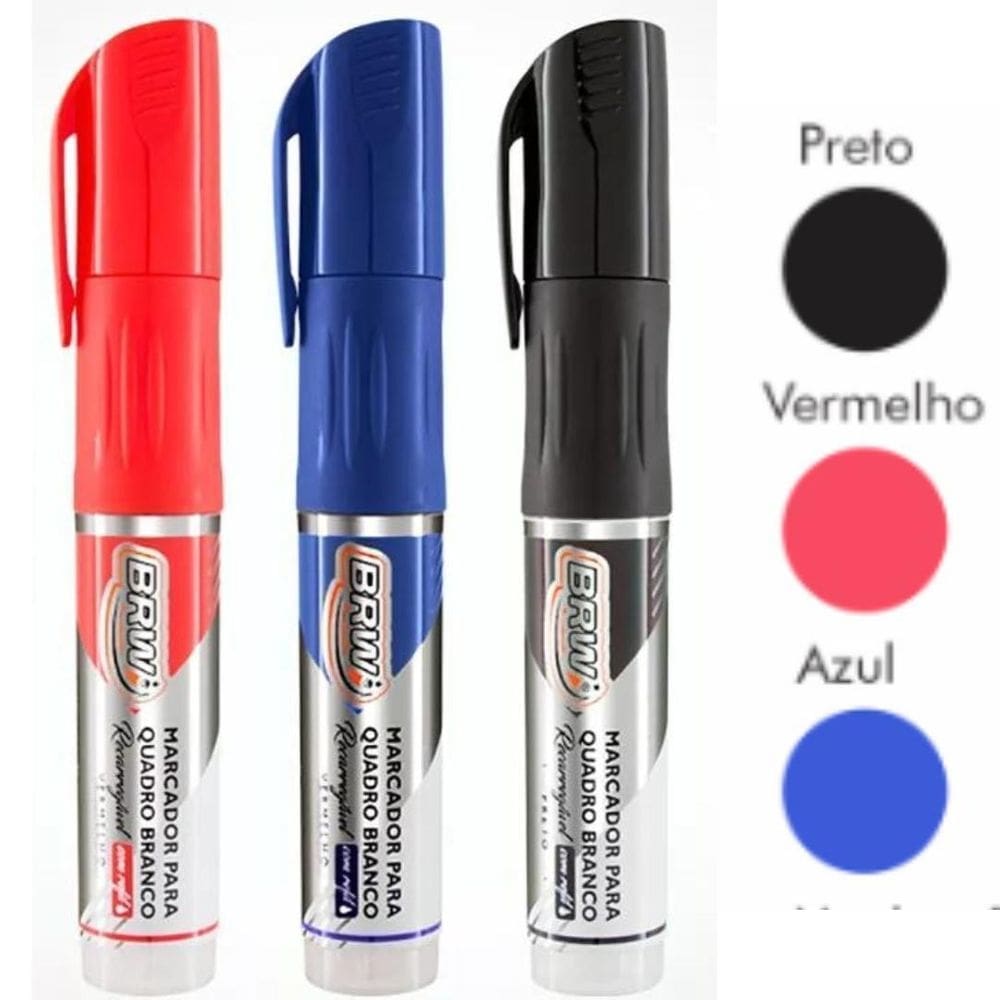 Kit 3 marcador quadro branco recarregável com refil brw verm