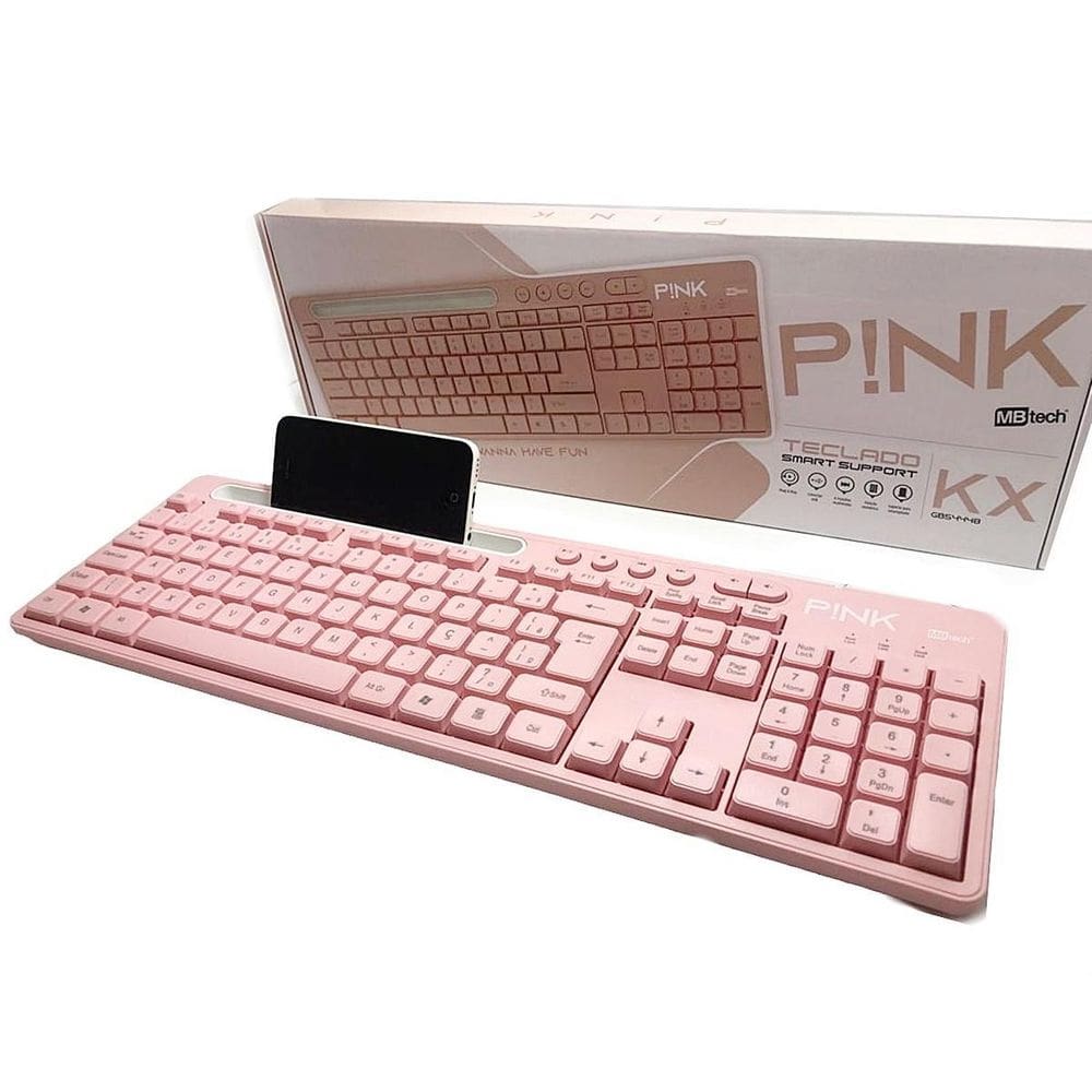 Teclado para computador na cor rosa com suporte de celular