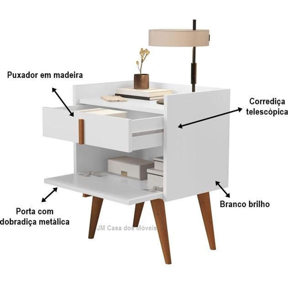 Mesa cabeceira denise 1 gaveta 1 porta pés palito branco