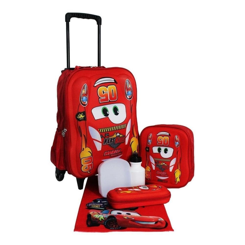 Kit mochila carros 3d com rodinhas e lancheira + estojo