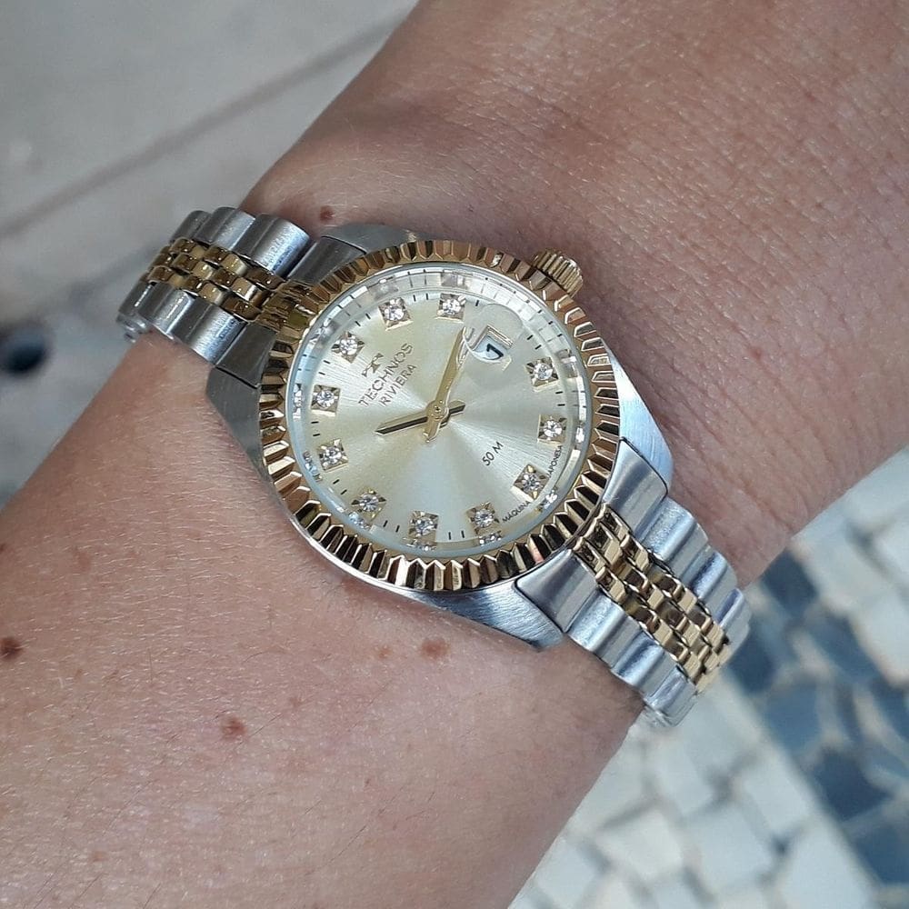 Relogio technos feminino bicolor prata e dourado 2015cem/1x