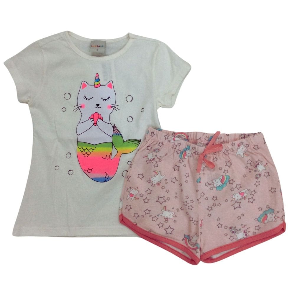 Pijama Verão Tink Bink Fem Infantil Off e Rose