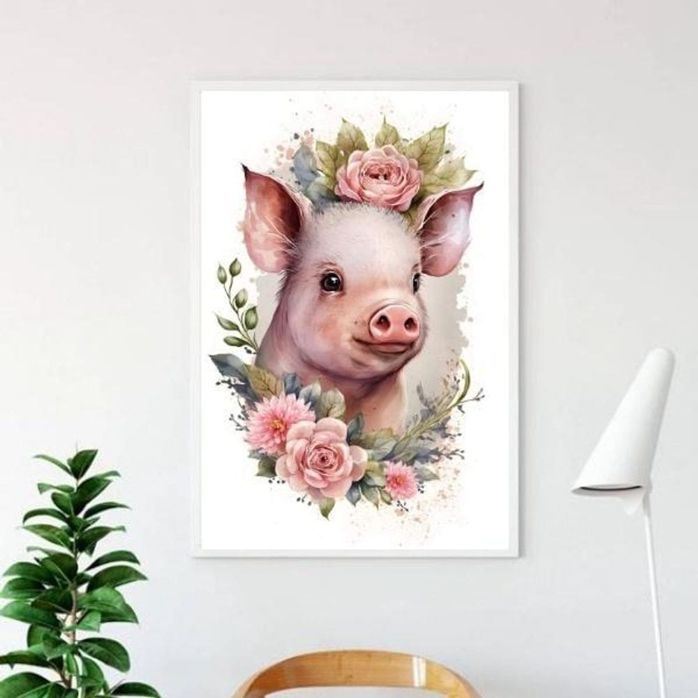 Quadro Porquinho Floral - Aquarela 45X34Cm - Com Vidro