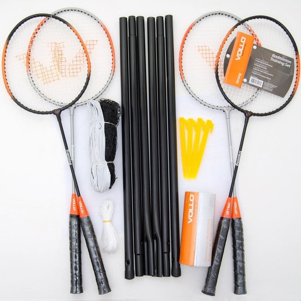 Kit vollo badminton 4 raquete + 3 petecas + rede e suportes