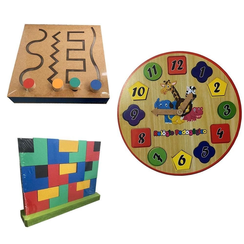 Kit painel psicomotor, relógio pedagógico e encaixe tetris