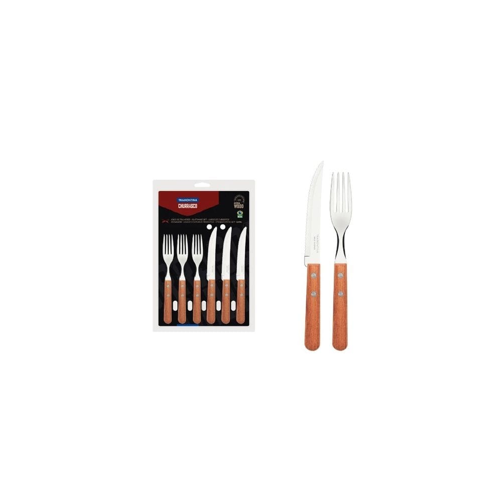 Jogo De Talheres Para Churrasco Aço Inox 12 Pcs Cabo Madeira Natural  - Tramontina