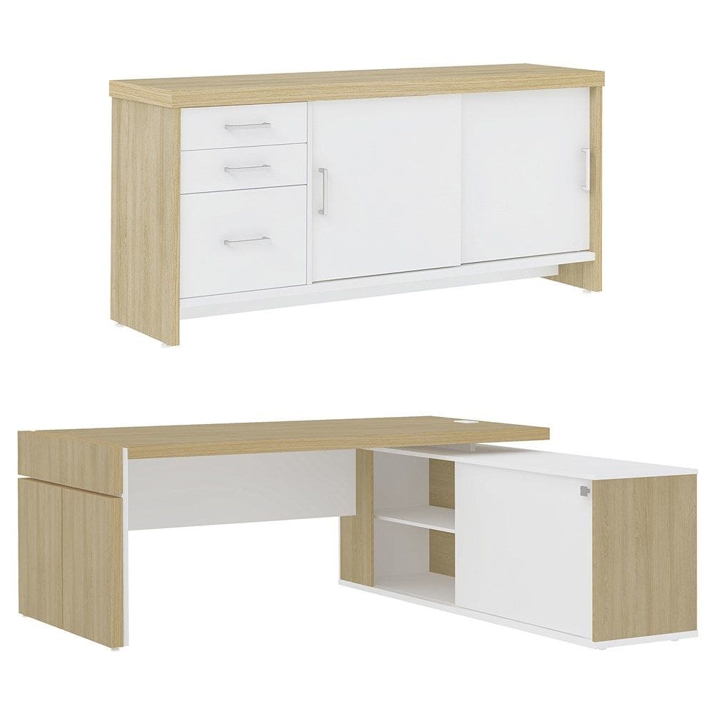 Mesa Escritório em L e Balcão 2 Portas 3 Gavetas Corp A06 Carvalho/Branco - Mpozenato
