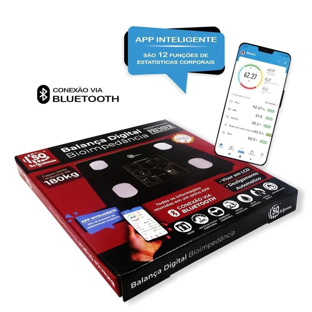 Balança digital bioimpedância com aplicativo bluetooth lcd