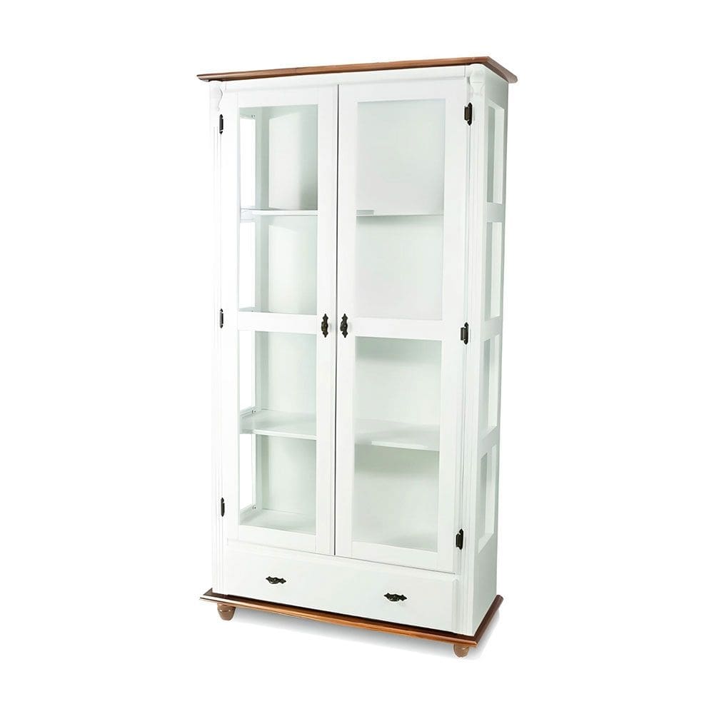 Cristaleira 2 Portas Vidro 1 Gaveta 3 Prateleiras Pés Torneados Florença - Laca Branca/ Imbuia