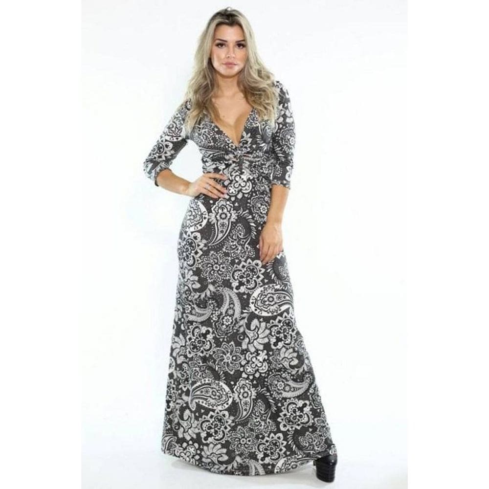 Vestido Longo Viscolycra Decotado Estampado Cor:cinza;tamanho:u [F081]
