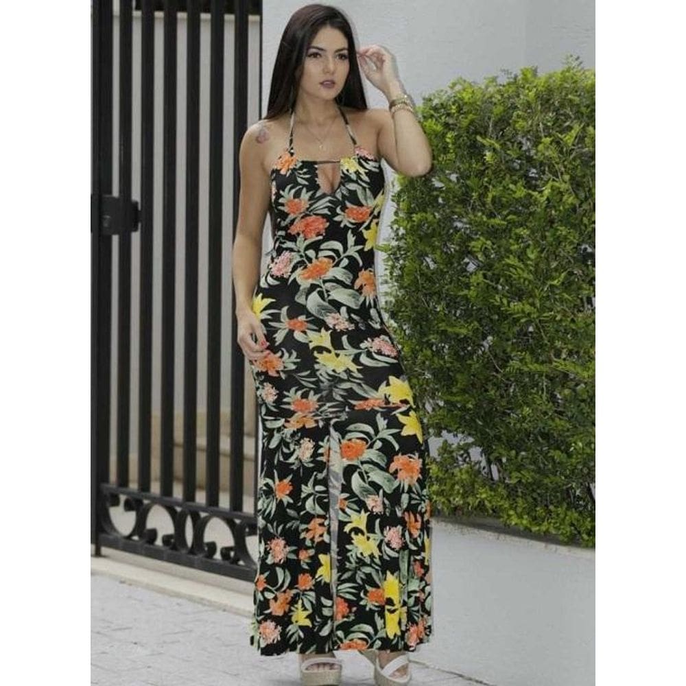 Vestido Longo Viscolycra Decote Gota Estampado [F081]